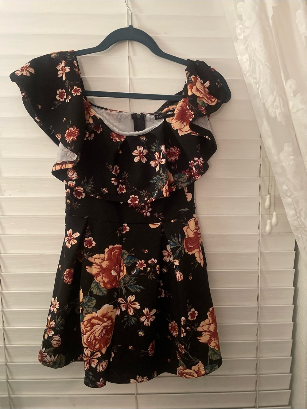 Fashion Nova Black Romper with Rust and Cream Floral Print